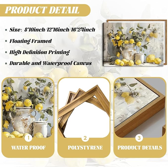 Framed Lemon Kitchen Wall Decor for Dining Room - Vintage Mustard French's Yellow Lemon Kitchen Wall Art, Rustic Oil Paintings Posters Prints for Bathroom Living Room Bedroom 8x10 inch