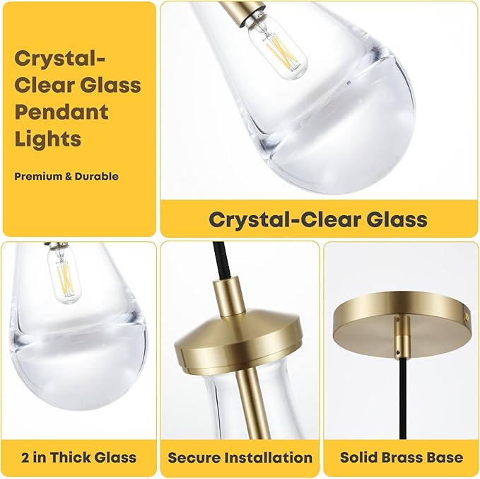 2 Pack Pendant Light for Kitchen Island, Raindrop Gold Modern Crystal Glass Pendant Lights, Pendant Lights in Kitchen Island, E12 Bulb Indoor Island Pendant Lights,for Dining Room,Living Room