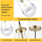 Raindrop Pendant Light for Kitchen Island, Gold Modern Crystal Glass Modern Pendant Lights, Pendant Light in Kitchen Island, E12 Bulb Pendant Lights Indoor Island, for Dining Room,Living Room