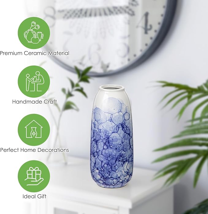 Oairse Blue and White Ceramic Vase, Chinoiserie Porcelain Flower Vase 9" for Centerpieces, Living Room, Dining Table Home Decor, Style 2