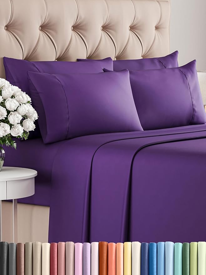 Full Sheets Set 6 Piece - Includes 4 Pillowcases - Bed Sheets Full Size - Soft Hotel Luxury Bedding - Cooling, Comfy, Fade Free & Breathable - 1 Flat, 1 Fitted & 4 Pillowcases w/ Deep Pockets - Purple