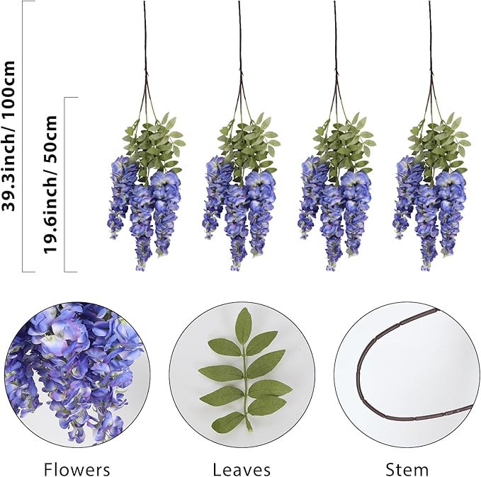 4PCS Blue Artificial Wisteria Hanging Flowers 40'' Tall Lush Fake Wisteria Flowers for Floor Vases Silk Flowers for Wedding Arch Ceremony Window Box Home Garden Backdrop Decoration (Blue)