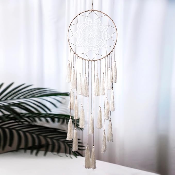Artilady Macrame Dream Catchers for Bedroom - Tassel Wall Hanging Handmade Dreamcatchers Home Decor with Tassel Feather Ornament Craft Blessing Gift (Beige)