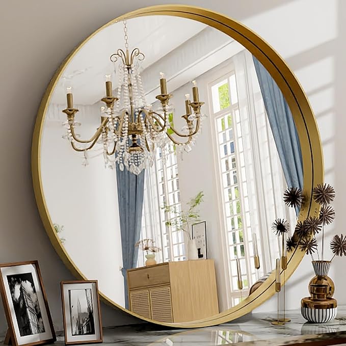 32 Inch Round Bathroom Mirror - Wall Mounted Circle Mirror with Metal Frame, Modern Mirror Suitable for Bathroom, Vanity, Entryway, Living Room, Wall Decor,Gold