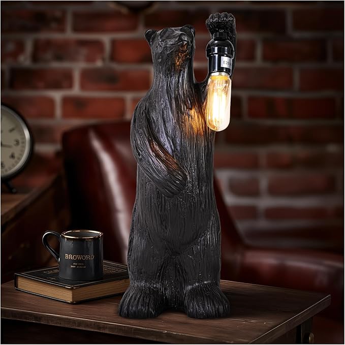 Scenekoy Bear Table Lamp for Living Room Bedroom, Memory Function, 3 Way Cycling Dimming, Resin Gothic Style Bedside Nightstand Lamps, Rustic Night Light Home Room Decor (Bulb Included)