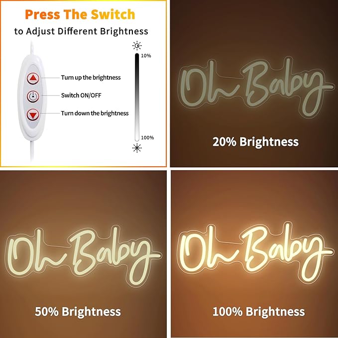 Warm White Oh Baby Letter Neon Sign，USB Powered LED Neon Light with Adjustable Brightness,Light Up Neon Signs for Bedroom Birthday Party Wedding Christmas Halloween Aesthetic