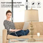 27.5" Vintage Farmhouse Table Lamps Set of 2 Bedside Lamp, 3 Way Dimmable Bedroom Lamps with 2 USB Ports +AC Outlet Touch Nightstand Lamp Rustic Lamp (Rotary-Antique Beige)