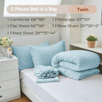 MUXHOMO 5 Pieces Twin Comforter Set, Seersucker Bed in a Bag Twin Size, All Season Luxury Bedding Set with Comforter, Flat Sheet, Fitted Sheet, Pillowcase & Sham, Lake Blue