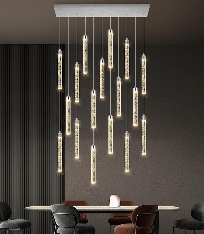 Rectangular Chandeliers 17-Lights Long Light for Entryway LED Dimmable Chandeliers Lighting Fixture Flat Sloped High Ceiling Pendant Lights Crystal for Living Room Foyer Hallway Staircase Silver