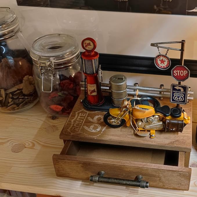 Route 66 Desk Table Decor Gas Station Model Miniature Storage Box Decoration Vintage Gas Pump Motorcycle Model Organizer Drawers Jewelry Box Ring Trinket Case Cabinet Retro Home Decor