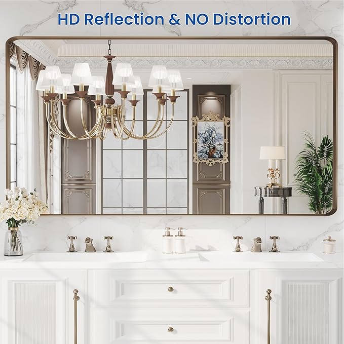 WEER 60x30 Inch Bronze Bathroom Mirror for Vanity, Brushed Bronze Metal Frame Rounded Rectangle Mirror with Tempered Glass, Anti-Rust (Horizontal/Vertical)