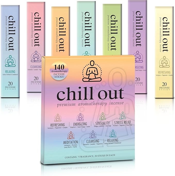 Mecka Chill Out Aromatherapy Incense Sticks Gift Set | Set of 7 Unique Scents- 140 Insence-Sticks for Yoga, Relaxation, Meditation & Positivity | Premium Organic and Slow Burning Insenses