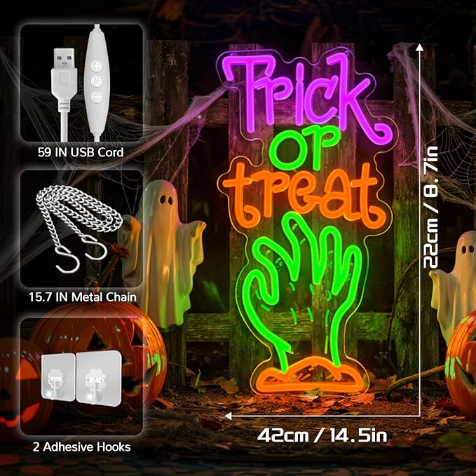 Halloween Neon Sign Trick or Treat LED Light – Spooky Zombie Hand Neon Wall Sign for Halloween Party, Kids Room,Indoor Outdoor Holiday Decor,22x42cm