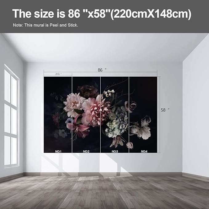 Black Floral Wall murals Peel and Stick Flowers Wallpaper for Bedroom Living Room - 58"x86"