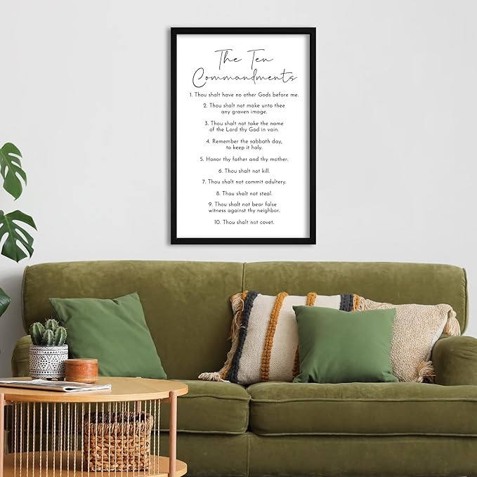 flowtorely The Ten Commandments Sign Bible Verse Wall Decor 16"×11" Christian Catholic Scripture Large Wooden Framed Wall Hanging Art (Black)