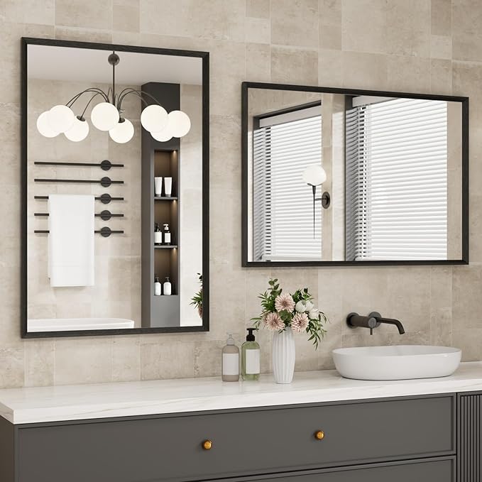 Bathroom Vanity Mirror 24x32 Inch, Matte Black Rectangle Bathroom Mirror, Anti-Rust, 4MM Tempered Glass, Wall-Mounted Mirror, Hangs Horizontally or Vertically for Bathroom & Bedroom