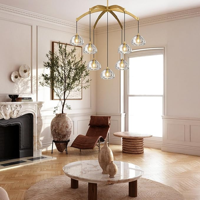 Modern Gold Chandelier, 34 inch Crystal Chandeliers for Dining Room (7-Light), Elegant Decoration Light for Living Room, Foyer Brass Chandeliers