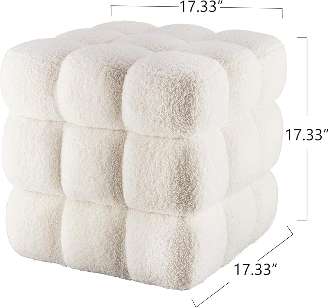 White Square Ottoman 17''3 Cube Pouf Installed,Sturdy Wooden Frame,Capacity 330 lbs,Modern Sofa Stool Fuzzy Sherpa Footstool,Foot Rest,Cube Boucle,Vanity Stool,for Couch Living Room