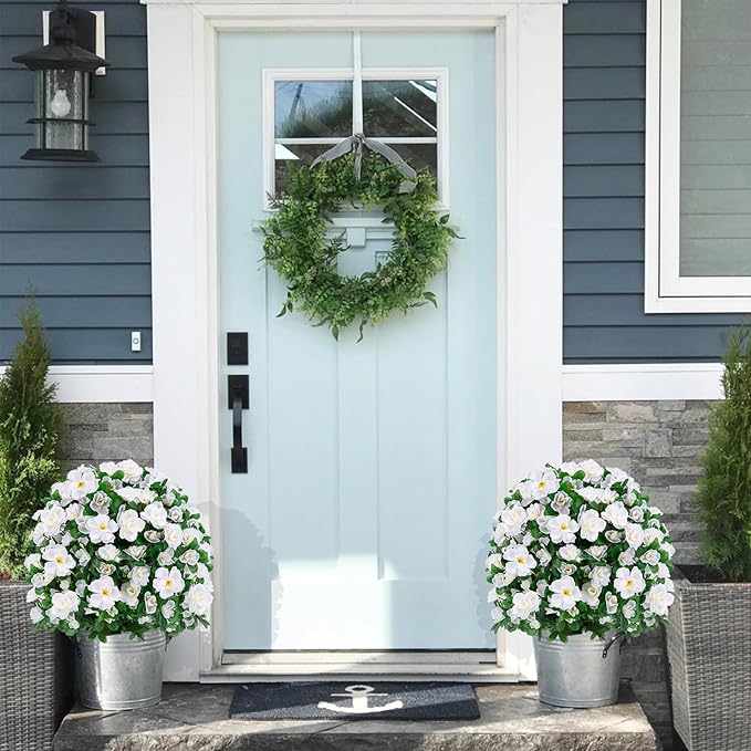 Artificial Boxwood Topiary Ball Trees with Ground Spikes UV Resistant Faux Greenery Shrubs Fake Shrubs for Outdoors, Realistic Faux Plants Bushes for Garden Porch Yard Patio Decor (White)