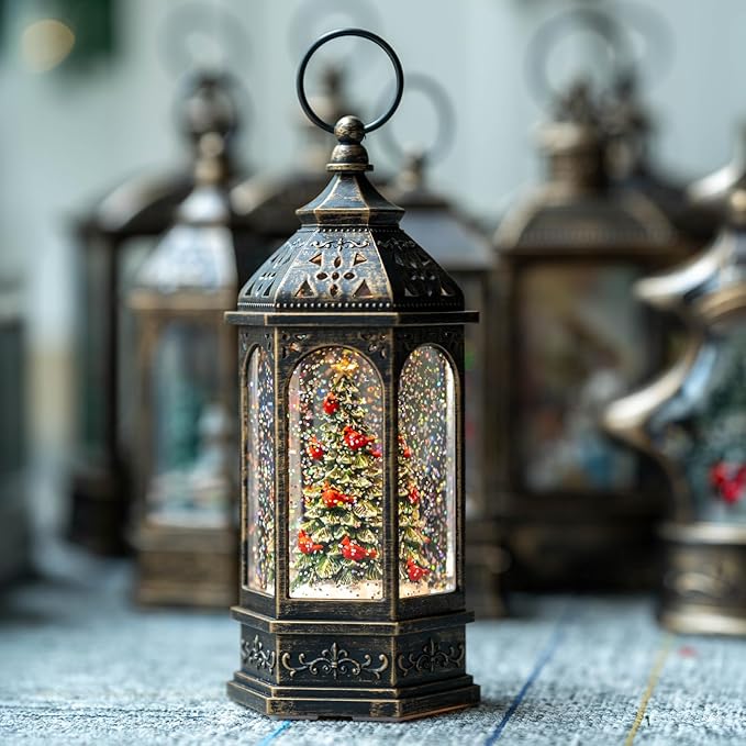 Lighted Christmas Tree Cardinal Music Snow Globe Water Lantern with Swirling Glitter Decoration for Christmas Home, Living Room, Battery Operated or USB Powered