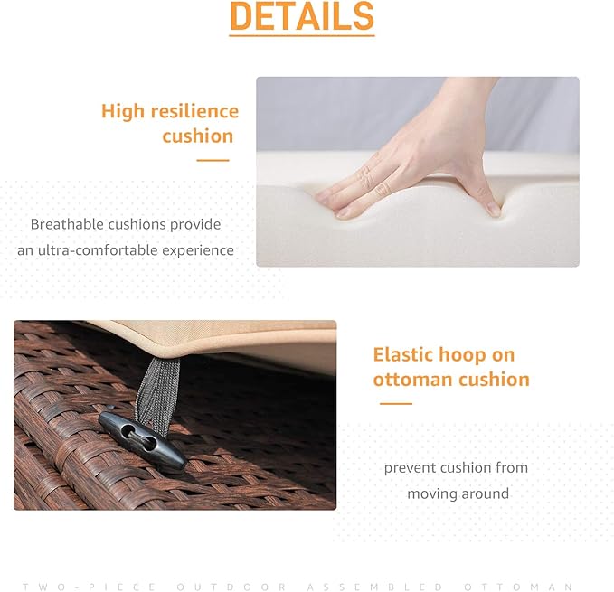 Patiorama 2 Pieces Assembled Outdoor Patio Ottoman, Indoor Outdoor All-Weather Dark Brown Wicker Rattan Outdoor Footstool Footrest Seat with Beige Cushions, No Assembly Required