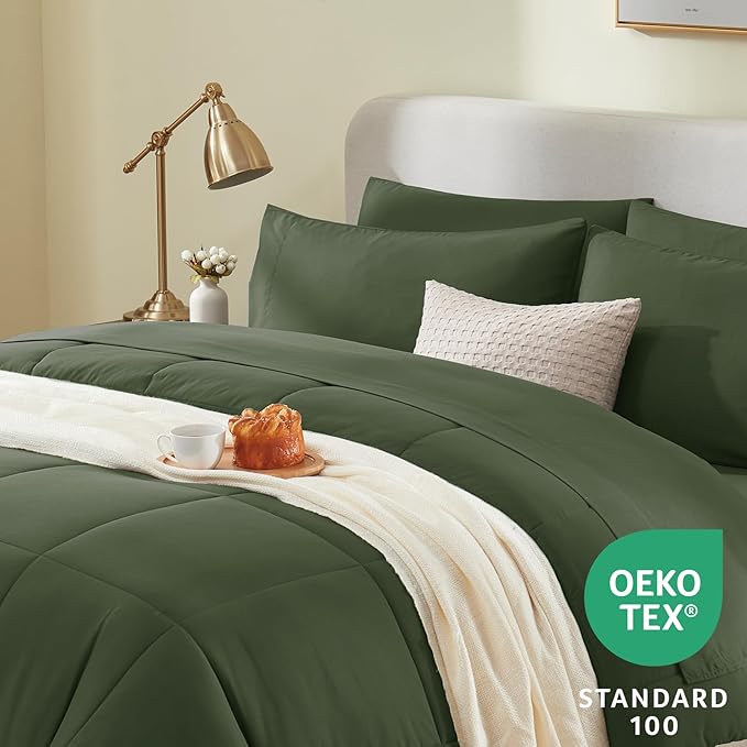 CozyLux Full Size Comforter Sets Olive Green, 7 Pieces Bed in a Bag, Green Comforter Full Size, All Season Bedding Sets with Stitch Quilted Comforter, Flat Sheet, Fitted Sheet, Pillowcases