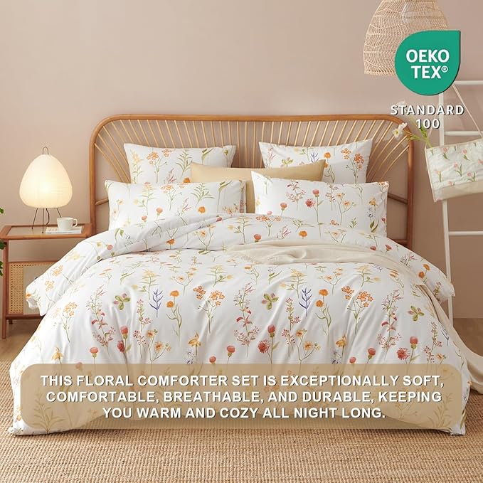 Floral Comforter Set King Size - 3 Pieces Colorful White Floral Comforter Bedding Sets Tropical Flowers Pattern,King Bed in a Bag with Heart Comforter and 2 Pillowcases