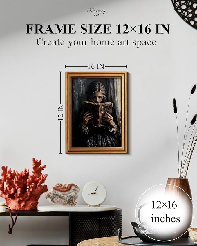 HUARCEY Gold Framed Wall Art for Living Room, Portrait Painting Prints, Vintage Wall Decor for Kitchen, Gothic Bedroom Wall Art for Home Office Magic Scripture 16L x 12W