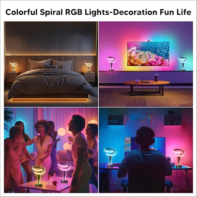 Spiral LED Table Lamp Set of 2-10 Color Modes, Touch Dimming, Modern Nightstand Lights for Bedroom & Living Room