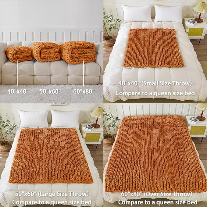 WESHIONGOO Chunky Knit Blanket Throw 40"×40" Knitted Throw Blankets for Couch Bed Fall Throw Blanket Fluffy Soft Blanket with Jumbo Chenille Yarn Thick 100% Handmade (Burnt Orange)