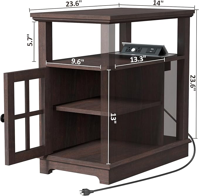 HIFYOBRO Narrow End Table with Flip Top Charging Station, Adjustable Shelf, Type-C & USB Port & Power Outlets, Side Table with Storage for Living Room/Bedroom/Home Office