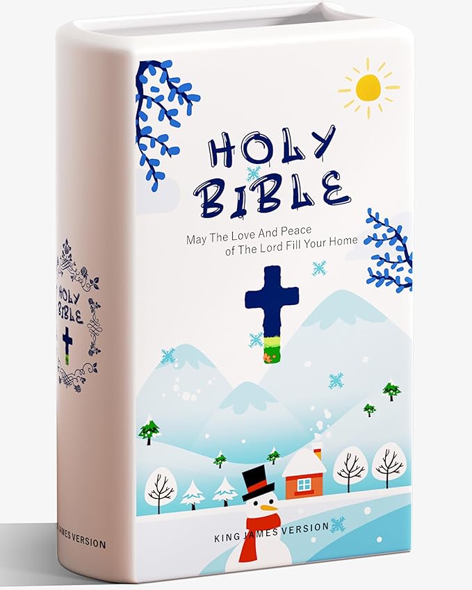 Bible Blessings Winter Flower Vase - Modern Ceramic Book-Shaped Vase for Flowers - Christian Desk Decor for Prayer Room, Dining Table, Coffee Table, Entryway, Religious Gifts (Sky Blue Winter, XL)