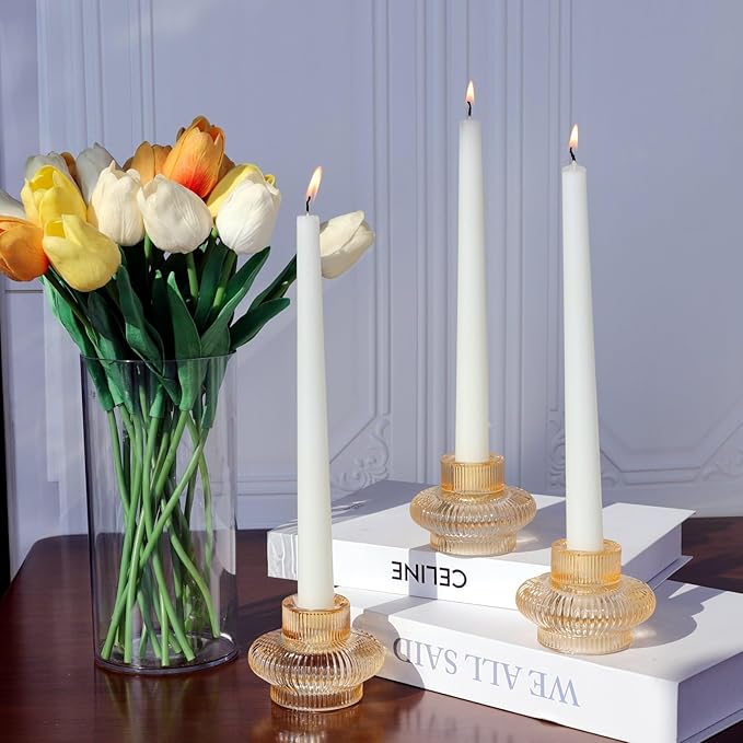 VOHO Champagne Gold Taper Candle Holders for Table Centerpiece, Classic Ribbed Candlestick Holders for Birthday Party Wedding Decor, Versatile Glass Candle Holder for Tealights/Taper Candles(Set of 6)
