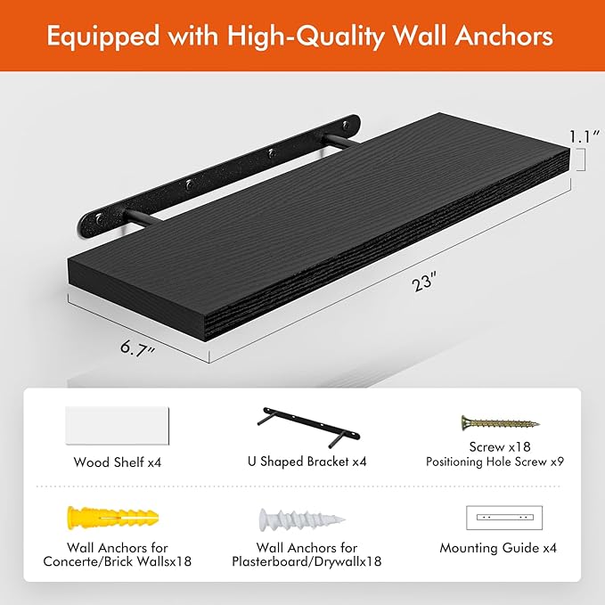 23’’Black Floating Shelves for Wall,Rustic Wood Shelf for Room Decor/Storage/Display,Small Bookshelf,Wall Mounted Hanging Shelves for Bedroom, Bathroom, Living Room, Kitchen,Set of 4