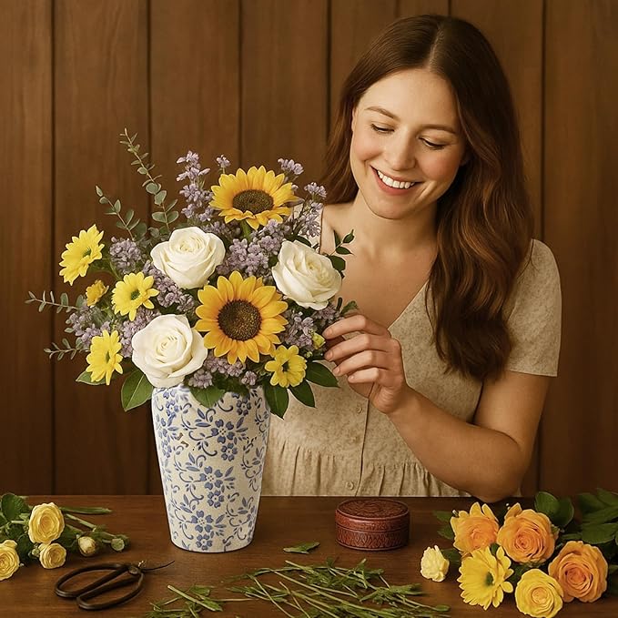 BEAHOT 8.6 Inch Chinoiserie Ceramic Vase – Blue and White Tall Vintage Flower Vase, Large Retro Chinoiserie Cracked Porcelain Decor for Living Room Centerpieces, Bookshelf, Grand Millennial Decor