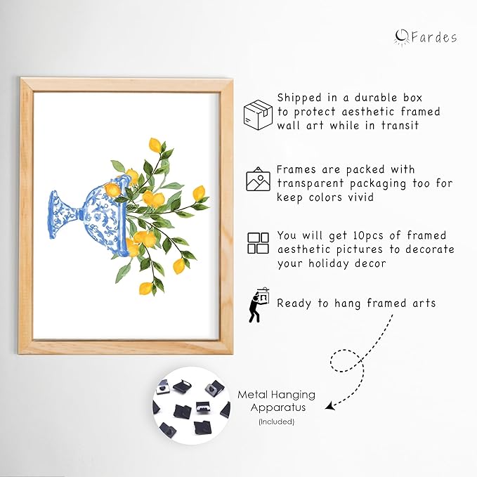 Kitchen Wall Decor Framed Wall Art Prints Set of 10 Natural Oak, Framed Food Prints, Pasta & Lemon Wall Art for Dining Room or Kitchen Decoration, Blue & Yellow Artwork with Mediterranean Decor