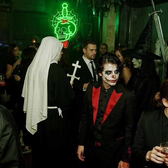 Halloween Skull Neon Sign with Dagger & Web Design,Skull Neon Sign For Halloween,Spooky LED Wall Light for Halloween Party Decor,Gothic Horror Neon Skull Light for Bar,Bedroom,Man Cave