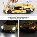 1/24 Scale Gold Lambo Revuelto Diecast Car Model, Collectible Diecast Toy Car with Lights and Sounds, Pull Back Vehicles Toy for Adults Kids Birthday Gifts Decoration