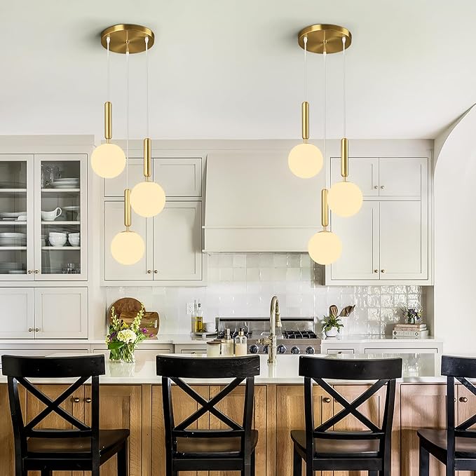 Modern Gold Pendant Light Hanging Fixture Light for Kitchen Island Mid Century with Globe Pendant Light Milk White Glass Pendant Lighting for Living Room Bedroom Entryway (3 Lights)