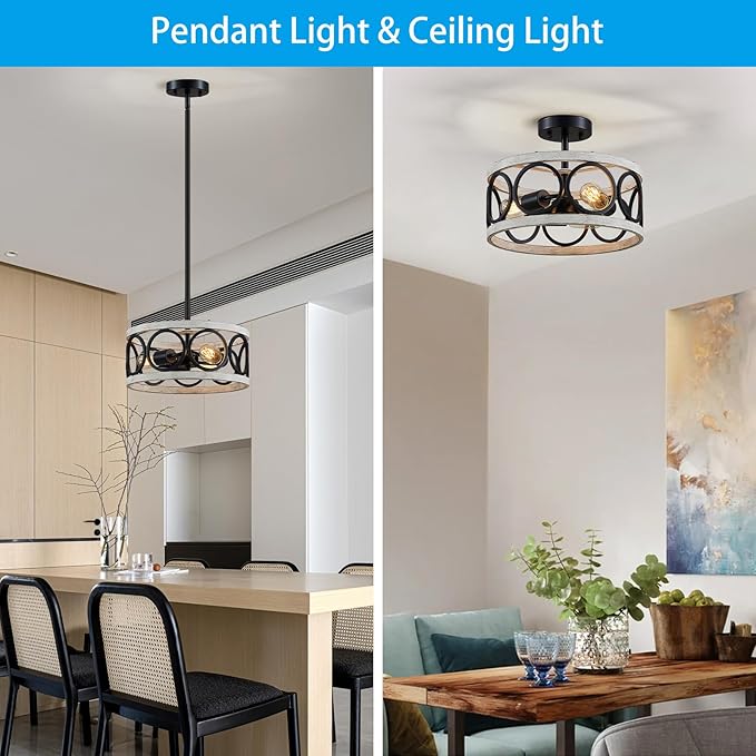 XINGQI White Chandelier 3-Light Modern Ceiling Light Rustic Wood Grain Adjustable Height Pendant Lighting Fixture 13" Round Metal Lamp for Dining Room Kitchen Bedroom Foyer Hallway