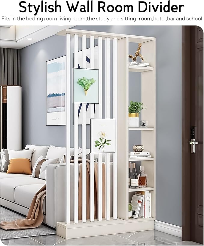 Wall Room Divider, Storage Cabinet Storage Display with Shelves, Modern Freestanding Wood Room Divider Screen, Wall Privacy Screens for Home Decorative (Beige+White,39.5" L x 9.5" W x 79.5" H)