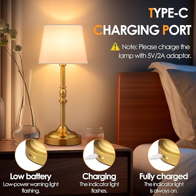 GGOYING Set of 2 Rechargeable Cordless LED Table Lamps, 4-Level Dimmer, Bronze Portable Desk Lamps with White Fabric Shades, Night Light for Dining, Bedroom and Patio