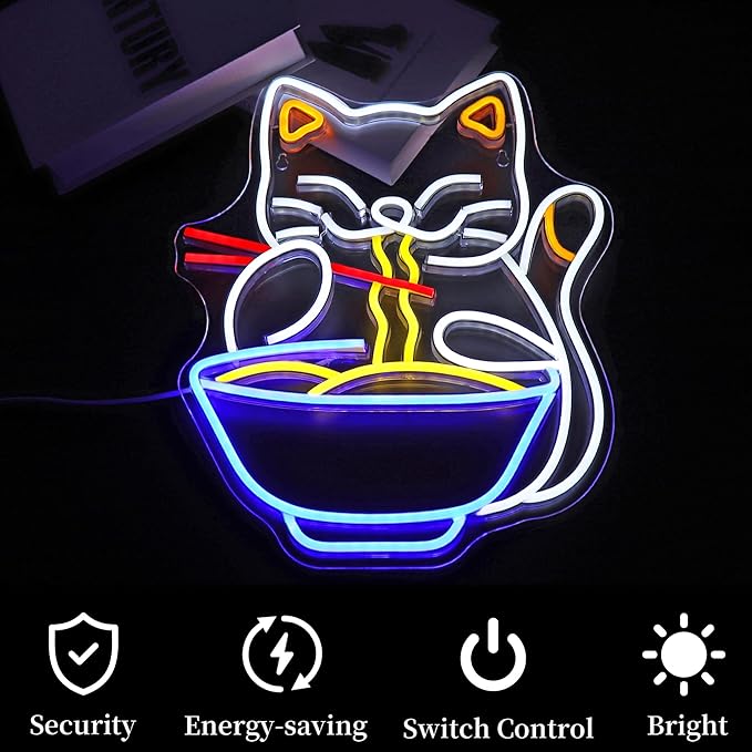 Cat Ramen Neon Sign for Wall Decor Led Neon Lights Cat Ramen Light Up Signs for Birthday Party Club Gift