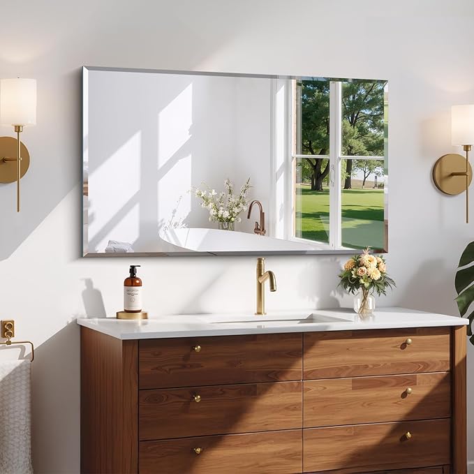 Beveled Bathroom Mirror, 24x40 Large Frameless Mirrors for Over Sink, Upgraded Shatterproof Beveled Frameless Vanity Mirror for Bathroom,Bedroom,Living Room and Entryway