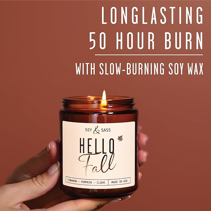 Fall Candles - 'Hello Fall Scented Candle' w/Cinnamon, Pumpkin & Fir I Infused with Essential Oils Autumn Scented Soy Candles for Home Décor, 9oz Reusable Jar, 50Hr Burn, Made in USA
