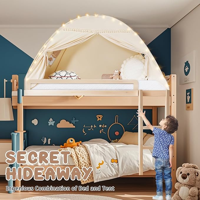 Toddler Canopy Lights & Flags Indoor Floor Bed Kids Tent Playhouse Portable & Foldable Twin Bunk Bed Curtains Girls & Boys House Bedroom Privacy Space Sleeping Tents Gifts Golden Beige Large Size