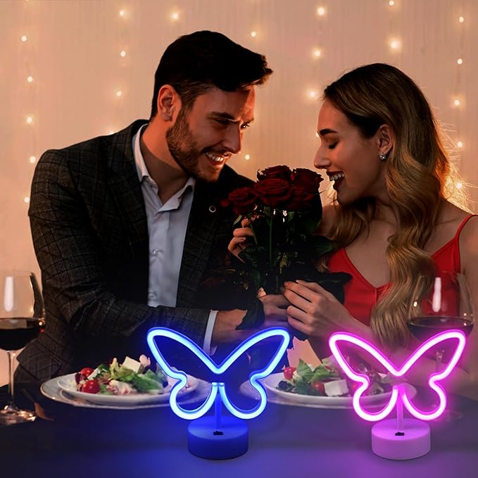 BRIGHTDECK 2 Pack Butterfly Neon Signs, LED Pink Butterfly Sign Battery or USB Powered Decoration Lamp, Neon Lights Heart Decor for Valentines Day, Bedroom, Wedding, Party, Pink Room Decor