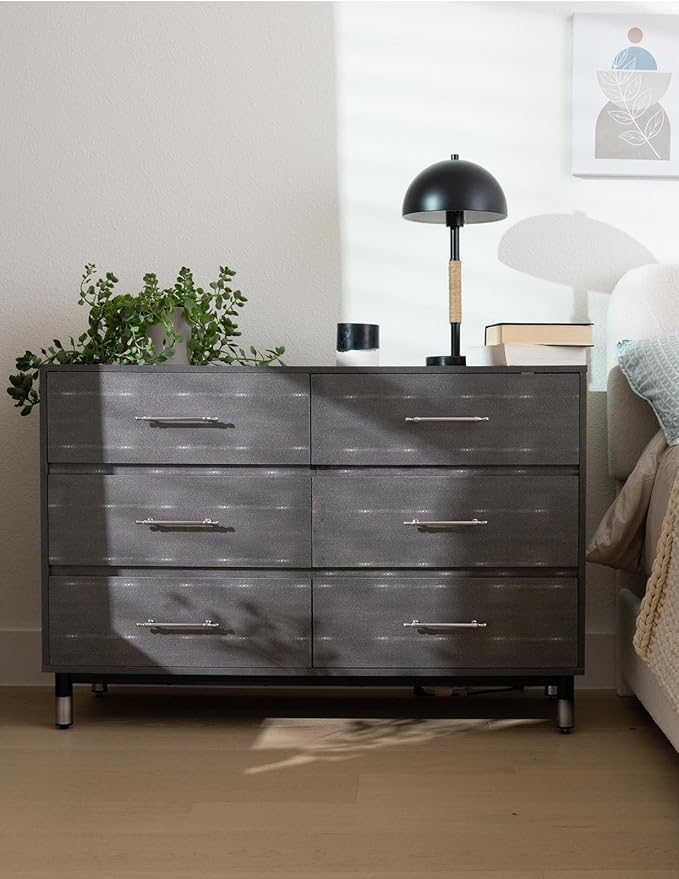 Grey Dresser for Bedroom, 6 Drawer Wood Dresser with Modern Storage Organizer, Wide Chest of Drawers for Clothes, Closet, Living Room