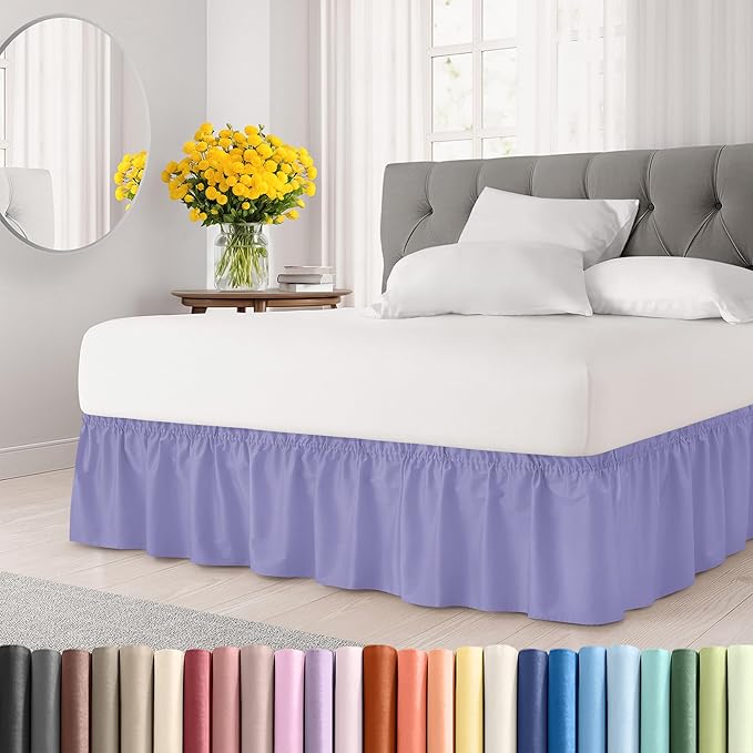 Wrap Around Dust Ruffle Bed Skirt - Lavender - for Full Size Beds with 21 Inch Drop - Easy Fit Elastic Strap - Adjustable Pleated Bedskirt w/Brushed Fabric Wrinkle Free - for Women, Men, Kids & Teens