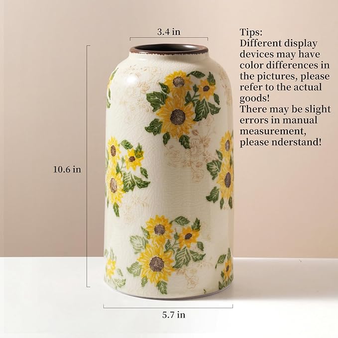 Levvohd Vintage Ceramic Vase, 10.6 Inch Chinoiserie Sunflower Yellow Floral Vases, Retro Ice Cracked Rustic Antique Flower Vases for Modern Room Bathroom Shelf Home Decor (Large Cylinder)